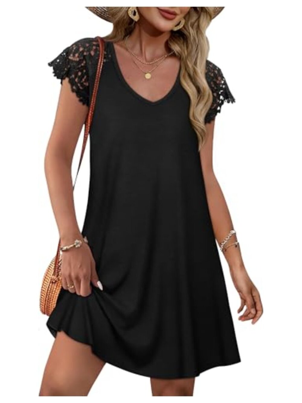Lace Short Sleeve V-Neck Shift Dress Summer Wedding Guest Sundress